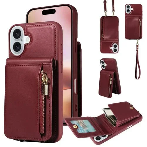 Funda de Cuero Tipo Billetera con Cremallera y Cordón Cruzado para iPhone 16 Plus (Rojo Vino)