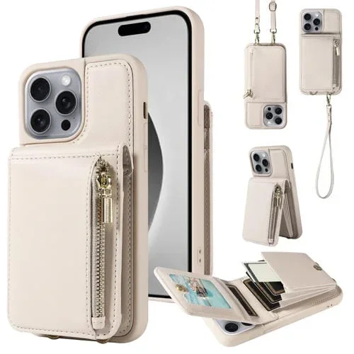 Funda de Cuero Tipo Billetera con Cremallera y Cordón Cruzado para iPhone 16 Pro Max (Beige)