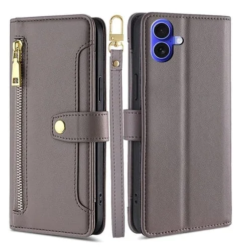 Funda de Cuero Tipo Billetera con Cremallera y Diseño Cruzado Textura Oveja para iPhone 16 (Gris)