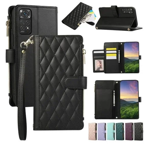 Funda de Cuero Tipo Billetera con Cremallera y Diseño Rombal para Redmi Note 11S (Negra)