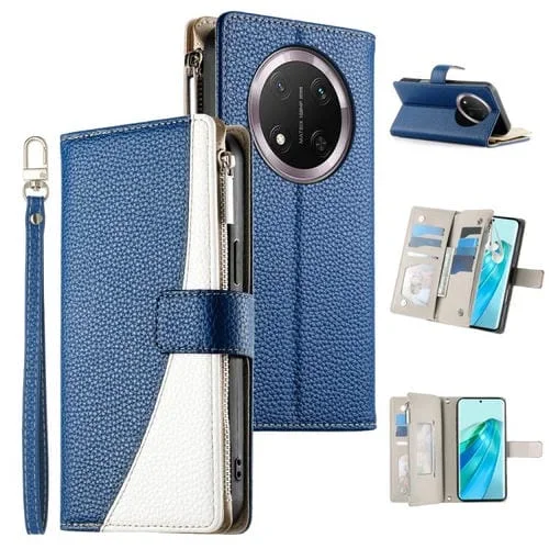 Funda de cuero tipo billetera con cremallera y múltiples tarjetas, con costuras y correa corta para Honor X9c / Magic7 Lite (azul oscuro)