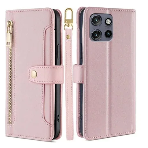 Funda de Cuero Tipo Billetera con Cremallera y Textura de Oveja para Motorola Edge 50 Neo 5G (Rosa)