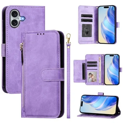 Funda de Cuero Tipo Billetera para iPhone 16 Plus con Cremallera y Ranuras para Tarjetas (Morado)