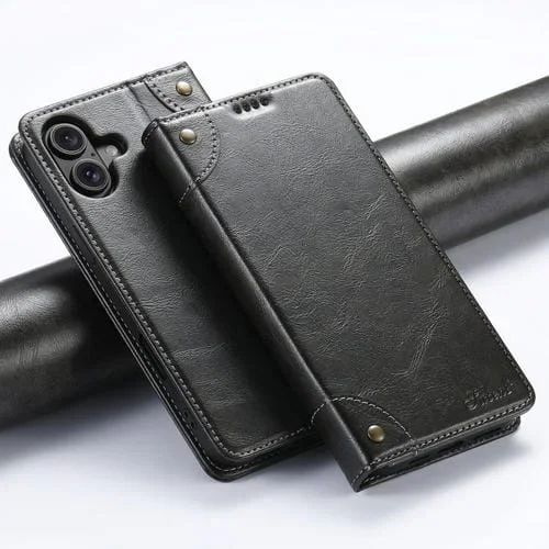 Funda de Cuero Tipo Billetera Suteni con Hebilla y Textura Becerro Barroco para iPhone 16 Plus (Negro)
