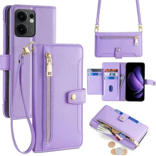 Funda de Cuero Tipo Cartera con Cremallera y Diseño de Oveja para Oppo Reno13 F 5G/4G (Morado)