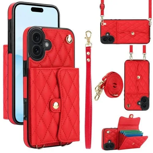 Funda de cuero tipo cartera horizontal con diseño rómbico cruzado para iPhone 17 (roja)
