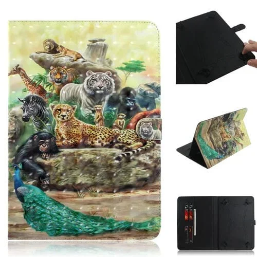 Funda de Cuero Universal para Tablet 10 Pulgadas con Tapa Horizontal, Dibujo 3D, Soporte y Ranura para Tarjeta (Zoo)