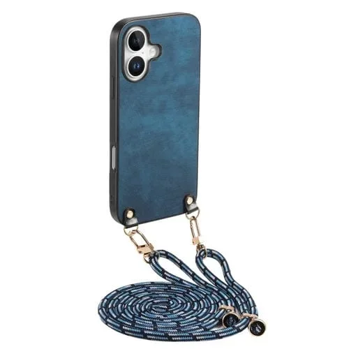 Funda de Cuero Vintage para iPhone 16 con Parte Trasera de Policarbonato y Correa Cruzada (Azul)