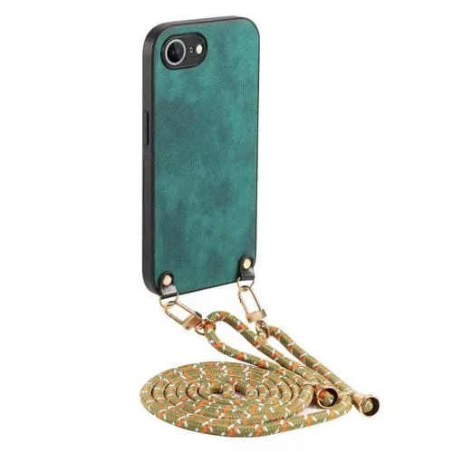 Funda de Cuero Vintage para iPhone 16E con Parte Trasera de Policarbonato y Correa Cruzada (Verde)