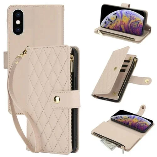 Funda de Cuero Ym016 para iPhone Xs Max con Billetera, Tarjeta, Cremallera Rómbica y Cordón (Albaricoque)