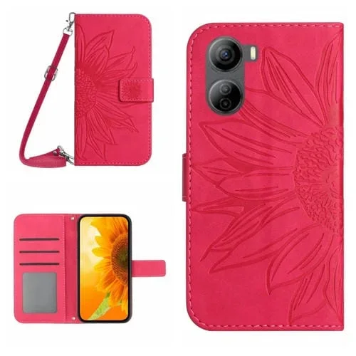 Funda de Cuero ZTE Libero 5G Iv Skin Feel con Cordón y Diseño Sun Flower (Rojo Rosa)