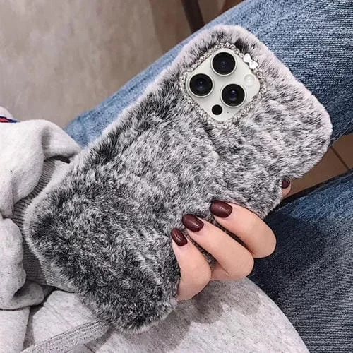 Funda de Felpa para iPhone 13 Pro con Anillo de Lente de Diamante (Gris)