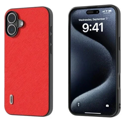 Funda de Piel Auténtica Abeel para iPhone 16 Textura Cruzada (Roja)