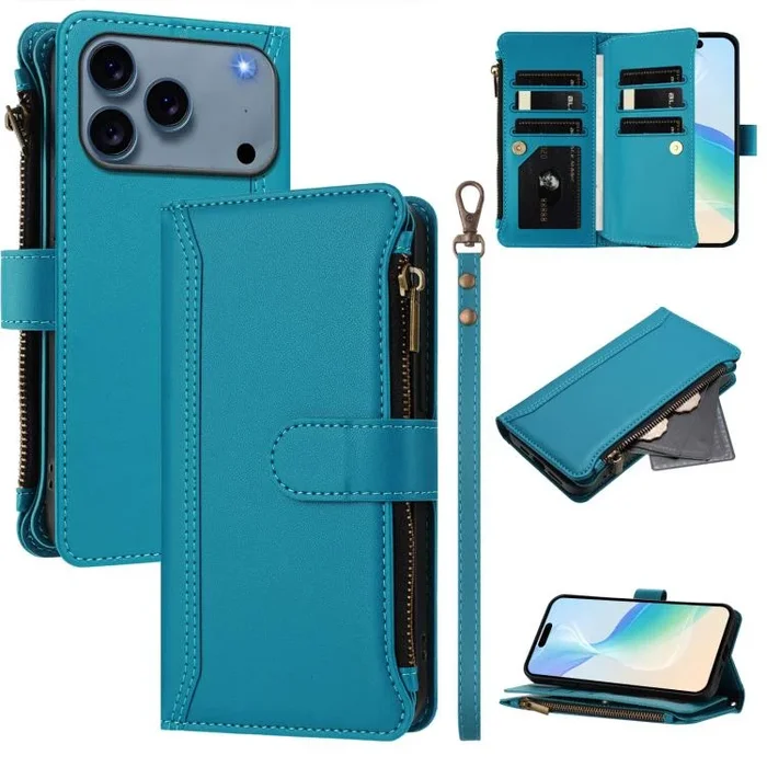 Funda de piel con cierre magnético para iPhone 17 Pro, 9 ranuras para tarjetas, cremallera y correa de mano (turquesa)