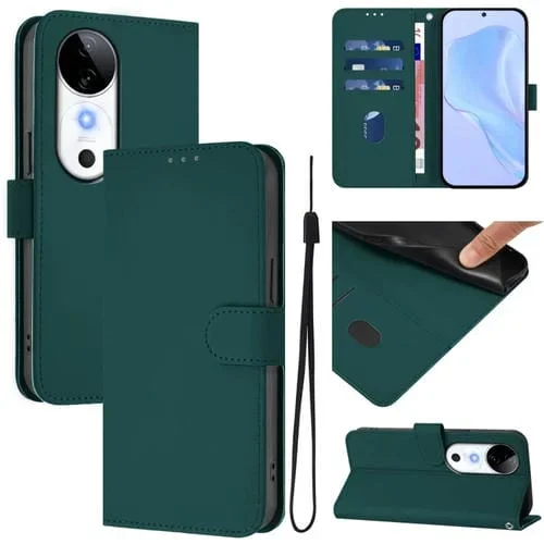 Funda de Piel con Cordón para Teléfono con Diseño de Piel de Color Liso y Tacto Agradable al Tacto para Vivo S19 (Verde Oscuro)