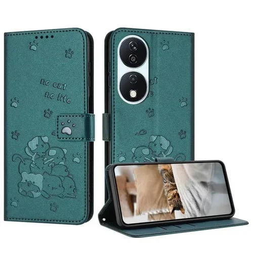 Funda de Piel con Diseño de Gatito en Relieve para Honor X7B 4G/5G con Cordón (Verde Oscuro)