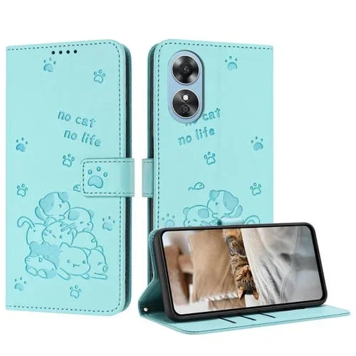 Funda de Piel con Diseño de Gatito En Relieve para Oppo A58 4G con Cordón (Verde Menta)
