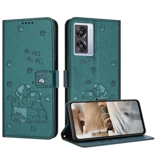 Funda de Piel con Diseño de Gatito En Relieve para Oppo A77 5G con Cordón (Verde Oscuro)