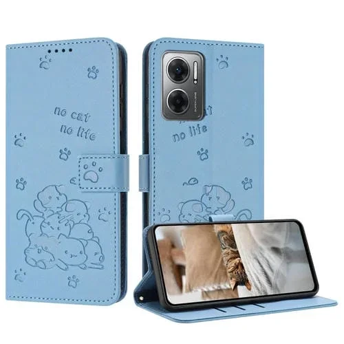 Funda de Piel con Diseño de Gatito En Relieve y Cordón para Redmi 10 5G/Note 11E 5G (Azul)