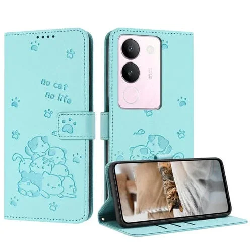 Funda de Piel con Diseño de Gatito En Relieve y Cordón para Vivo S17/S17 Pro/S17T (Verde Menta)