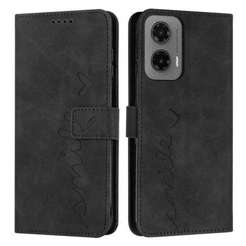 Funda de Piel con Relieve de Corazón para Motorola Moto G35 con Cordón Largo (Negro)