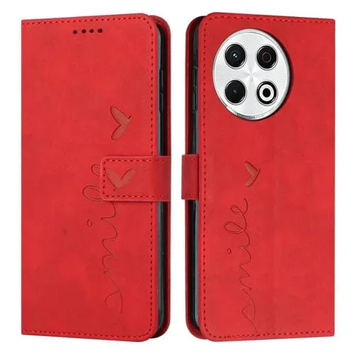 Funda de Piel con Relieve de Corazón para Tecno Spark 30 Pro con Cordón Largo (Rojo)