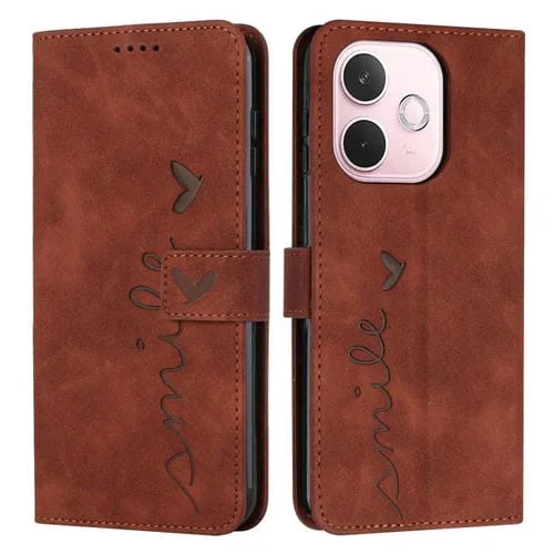 Funda de Piel con Relieve de Corazón y Cordón Largo para Oppo A5 Pro 5G (Marrón)