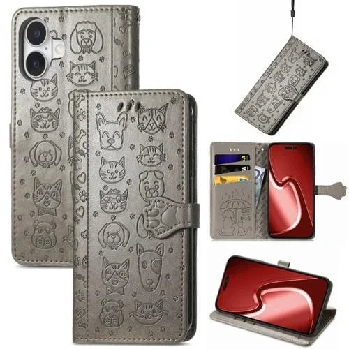 Funda de Piel con Relieve de Gato y Perro para iPhone 16 Plus (Gris)