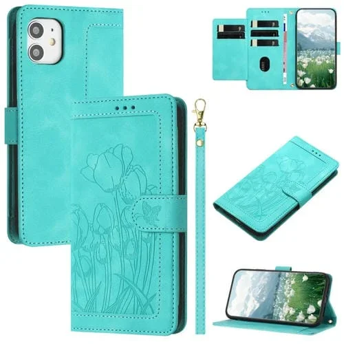 Funda de Piel con Relieve de Tulipanes para iPhone 11 con Cordón (Verde)