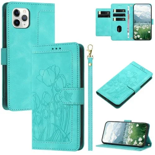 Funda de Piel con Relieve de Tulipanes para iPhone 11 Pro Max con Cordón (Verde)