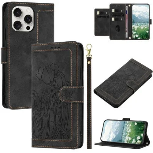 Funda de Piel con Relieve de Tulipanes para iPhone 13 Pro con Cordón (Negro)