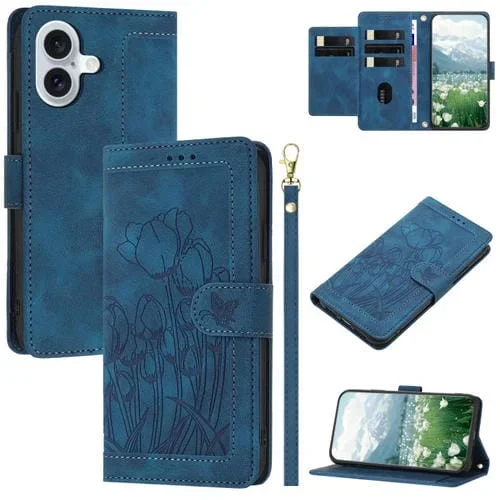 Funda de Piel con Relieve de Tulipanes para iPhone 16 con Cordón (Azul)