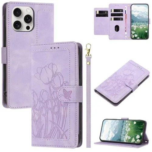 Funda de Piel con Relieve de Tulipanes para iPhone 16 Pro con Cordón (Morado)