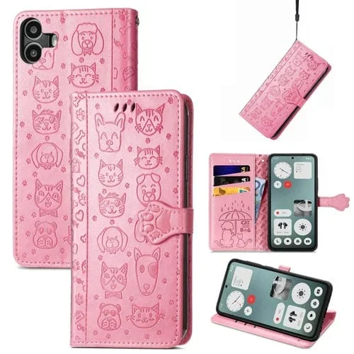 Funda de Piel con Relieve Gato y Perro para Teléfono cmf Phone 1 (Rosa)