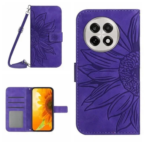 Funda de Piel con Relieve Girasol para OnePlus 13R (Morado Oscuro)