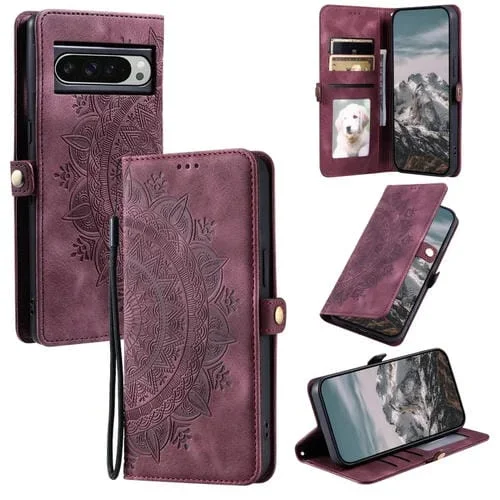 Funda de Piel con Relieve Totem para Google Pixel 9 Pro XL (Rojo Vino)