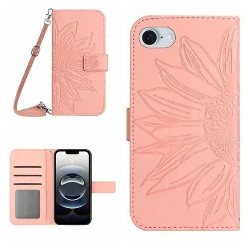 Funda de Piel con Tapa y Cordón para iPhone 16E Diseño de Girasol En Relieve (Rosa)