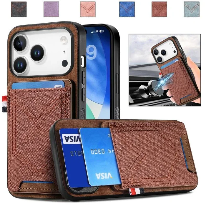 Funda de piel con textura vaquera para iPhone 17 Pro Max con ranura para tarjetas (marrón)