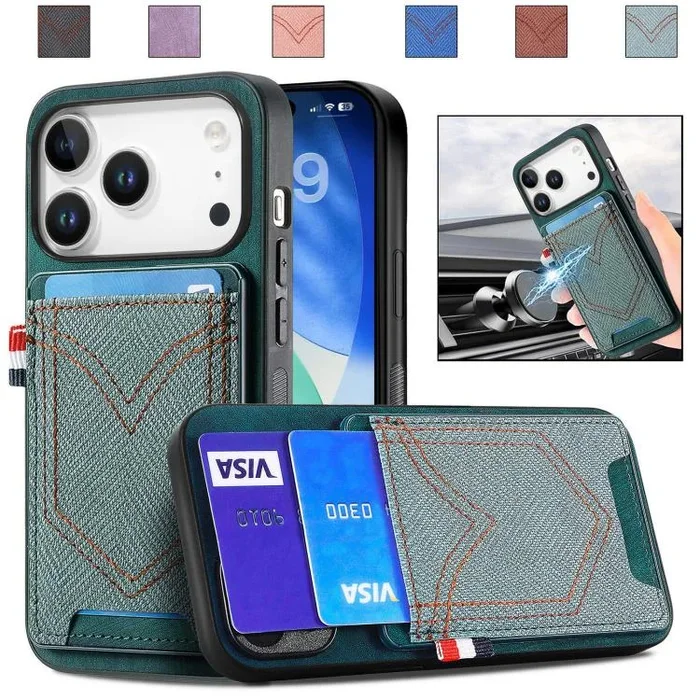 Funda de piel con textura vaquera para iPhone 17 Pro Max con ranura para tarjetas (verde)