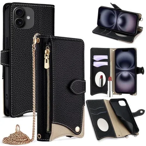 Funda de Piel de Lichi iPhone 16 Plus Diseño Cola de Pez y Cadena Cruzada (Negra)