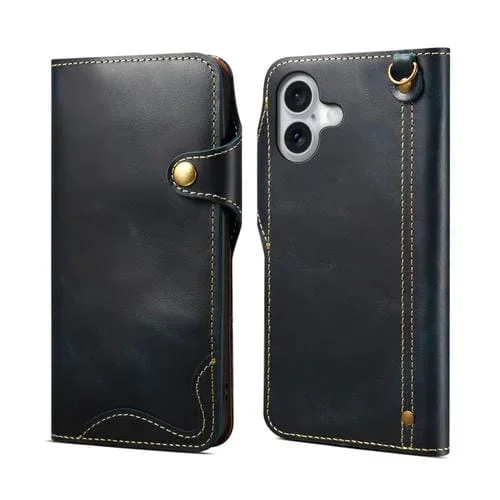 Funda de Piel de Vaca Denior B01 para iPhone 16 con Botón Magnético y Cera de Aceite (Azul)