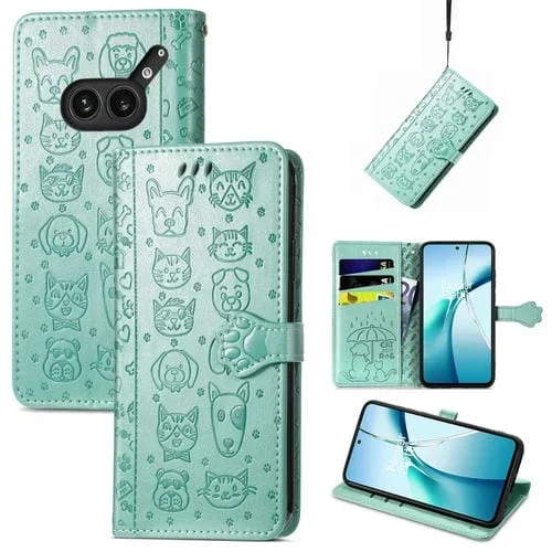 Funda de Piel For Nothing 2A Plus con Relieve de Gato y Perro (Verde)