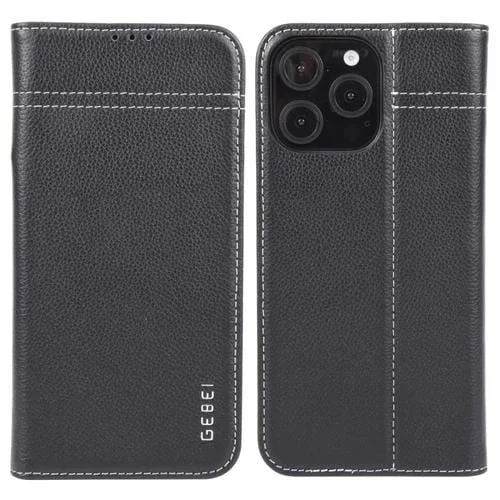 Funda de piel Gebei para iPhone 16 Pro Max con tapa horizontal y diseño de grano superior (Negra)