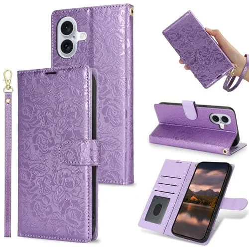 Funda de Piel iPhone 16 Estampado Flores de Peonía (Morado)