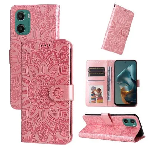 Funda de Piel Motorola Moto G05/E15 con Diseño de Girasol en Relieve (Oro Rosa)