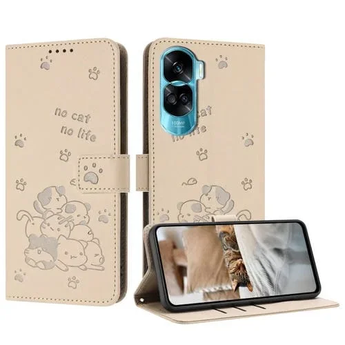 Funda de Piel para Honor 90 Lite/X50I 5G con Diseño de Gatito en Relieve y Cordón (Beige)