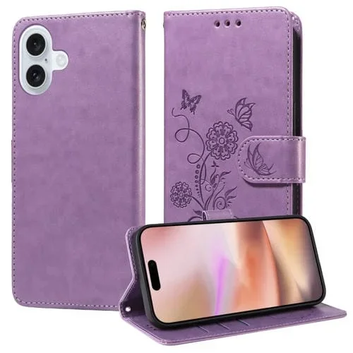 Funda de Piel para iPhone 16 Diseño de Mariposas y Flores en Relieve (Morado)