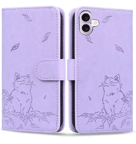 Funda de Piel para iPhone 16 Estampado de Gato (Morado)