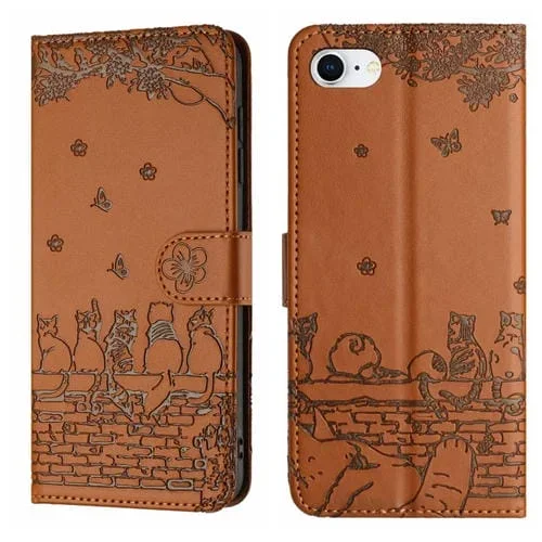 Funda de Piel para iPhone 16E con Estampado de Gato en Relieve y Cordón (Marrón)