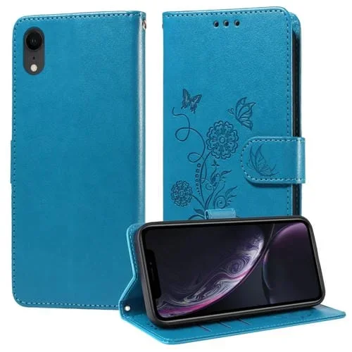 Funda de Piel para iPhone Xr Diseño Mariposas y Flores en Relieve (Azul)